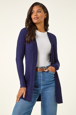 Roman Midnight Blue Longline Stretch Ribbed Cardigan