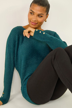 Roman Green Button Sleeve Fluffy Longline Jumper