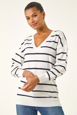 Roman Ivory Stripe Print Knitted V-Neck Longline Jumper