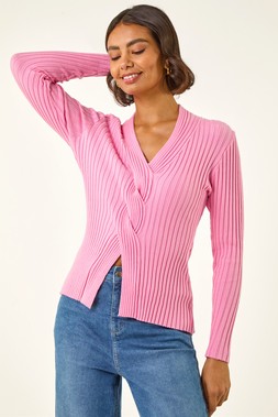 Roman Pink Cable Split Detail Rib Jumper