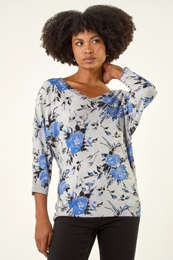 Roman Grey Embellished Floral V-Neck Jumper