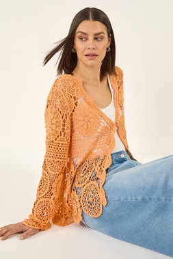 Roman Orange Crochet Knit Cardigan
