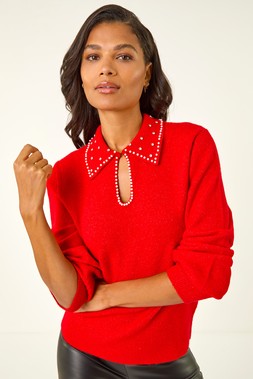 Roman Red Faux Pearl Collared Keyhole Knit Jumper