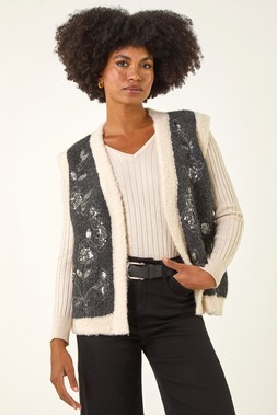 Roman Black Fur Trim Embroidered Knit Waistcoat