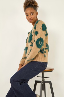Roman Beige Fluffy Floral Knit Jumper