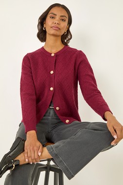Burgundy Cable Knit Buttoned Cardigan