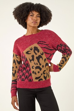 Roman Maroon Colour Block Abstract Knit Jumper
