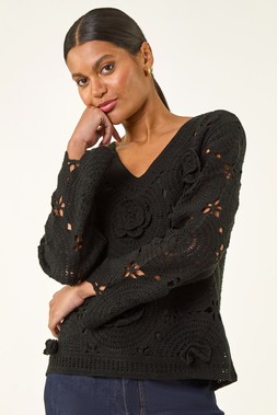 Roman Black Crochet Floral Knit Jumper