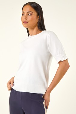 Roman Petite White Shirred Sleeve Knit Top