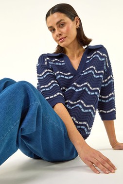 Roman Navy Stripe Wave Knit Polo Top