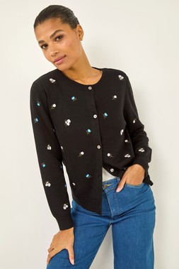 Roman Black Floral Embroidered Knit Cardigan