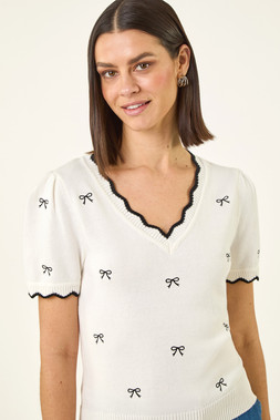 Roman Ivory Bow V-Neck Knit Top
