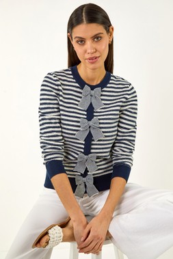 Roman Navy Stripe Bow Front Knit Jumper