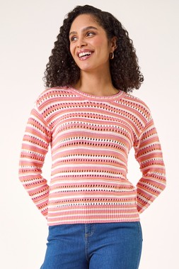 Roman Orange Stripe Pointelle Crew Neck Knit