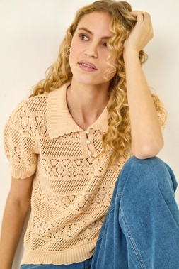Roman Natural Pointelle Collar Knit Top