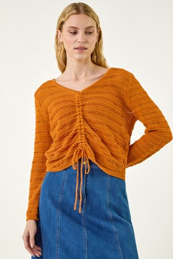 Roman Orange Sequin Tie Front Knitted Top