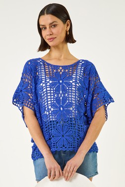 Roman Floral Crochet Knit Top