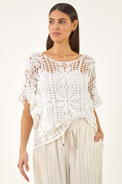 Roman White Floral Crochet Knit Top