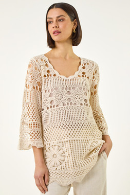Roman Natural Floral Crochet Tunic Top