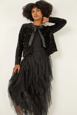 Roman Black Elastic Waist Mesh Layered A Line Skirt