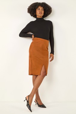 Roman Tan Faux Suede Pencil Stretch Skirt