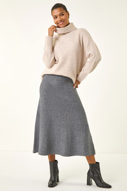 Roman Grey Knitted Elastic Waist A Line Midi Skirt