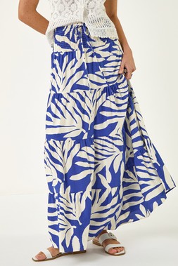 Roman Royal Blue Mono Print Shirred Maxi Skirt