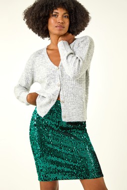 Roman Teal Sequin Embellished Velour Stretch Skirt