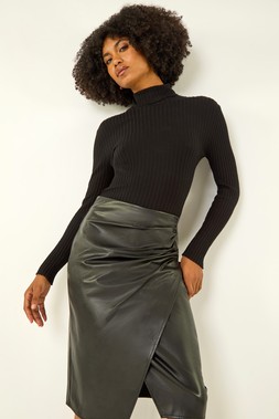 Roman Black Faux Leather Ruched Wrap Skirt