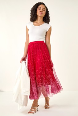 Roman Red Polka Dot Print Elasticated Mesh Skirt