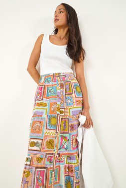 Roman Petite Pink Patchwork Print Shirred Midi Skirt