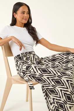 Roman Petite Black Geo Print Tie Waist Midi Skirt