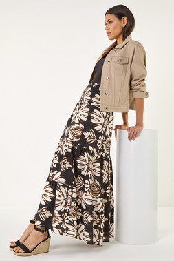 Roman Chocolate Printed Tier Shirred Maxi Skirt