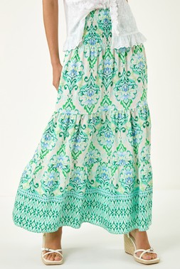 Roman Green Paisley Print Tiered Maxi Skirt