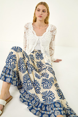 Roman Navy Mono Print Tiered Maxi Skirt