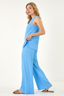 Dusk Blue Textured Wide Leg Stretch Trouser