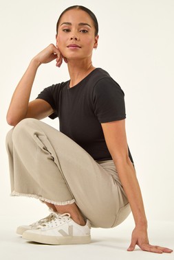 Petite Stone Cotton Frayed Hem Trouser