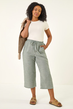 Roman Khaki Petite Stripe Cropped Wide Leg Trouser