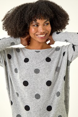 Roman Grey Polka Dot Blouson Long Sleeve Jersey Tunic Top