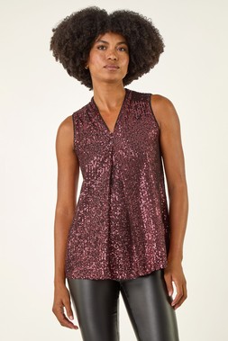 Roman Rose Sequin Pleat Front Vest Top