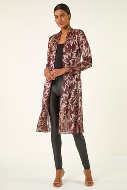 Roman Maroon Foil Leaf Print Plisse Kimono
