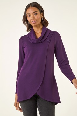 Purple Wrap Front Cowl Neck Top