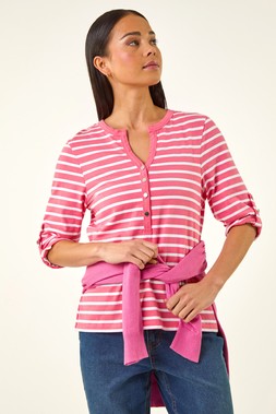 Roman Petite Pink Stripe V-Neck Button Top