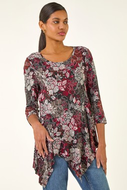 Roman Red Floral Puff Print Hanky Hem Top