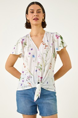 Roman Floral Print Tie Front Top
