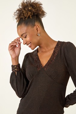 Roman Bronze Shimmer Sequin V-Neck Top