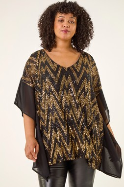 Roman Curve Gold Zig Zag Sequin Overlay Top