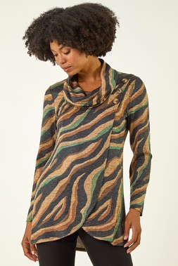Roman Tan Abstract Print Cowl Neck Stretch Top
