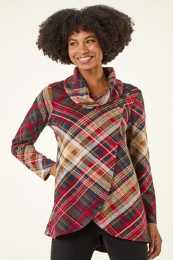 Roman Red Plaid Cowl Neck Buttoned Top