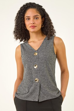 Charcoal Herringbone Mock Button Waist Coat